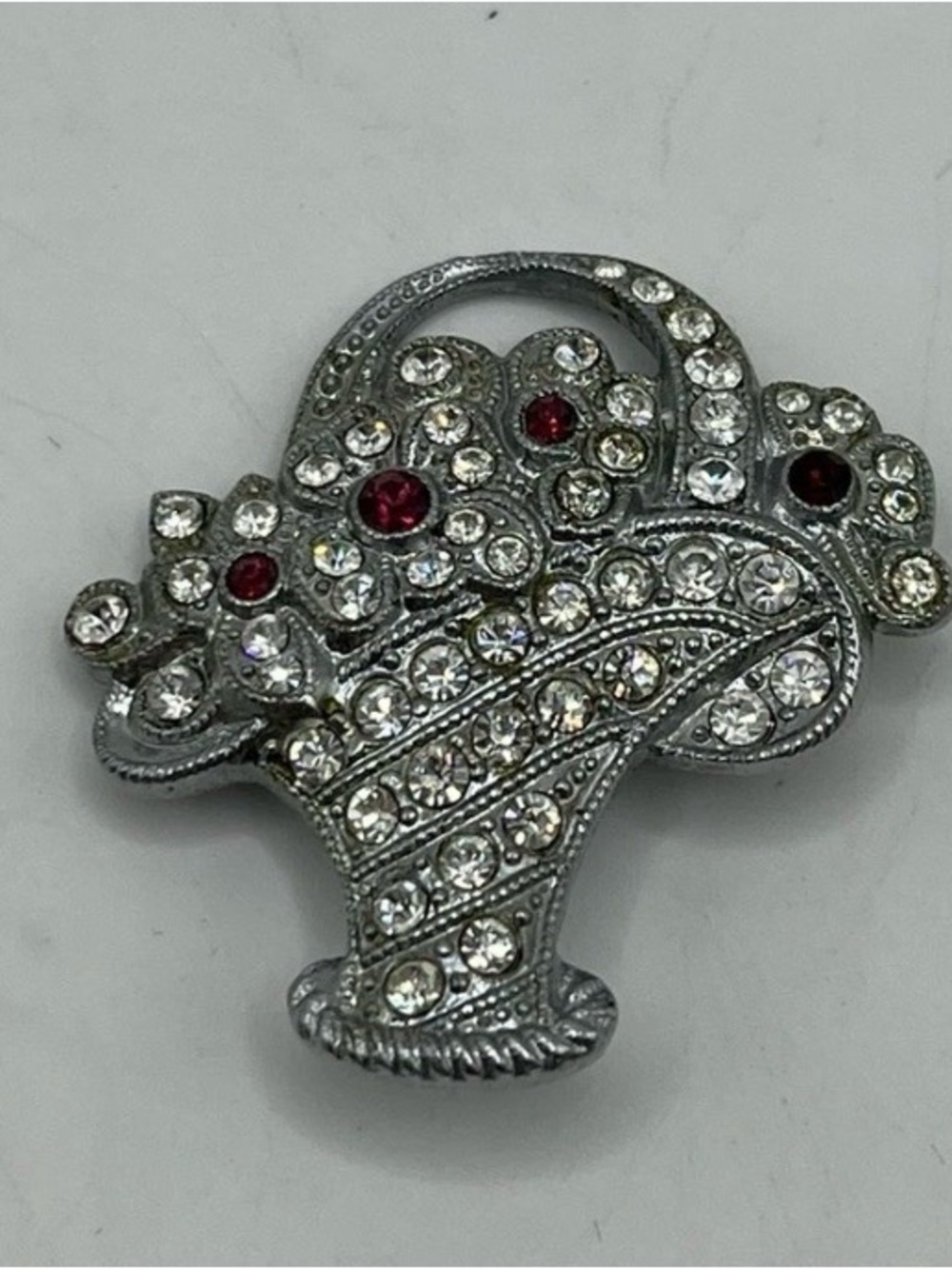 Vintage Czech Floral Basket Crystal Brooch Signed